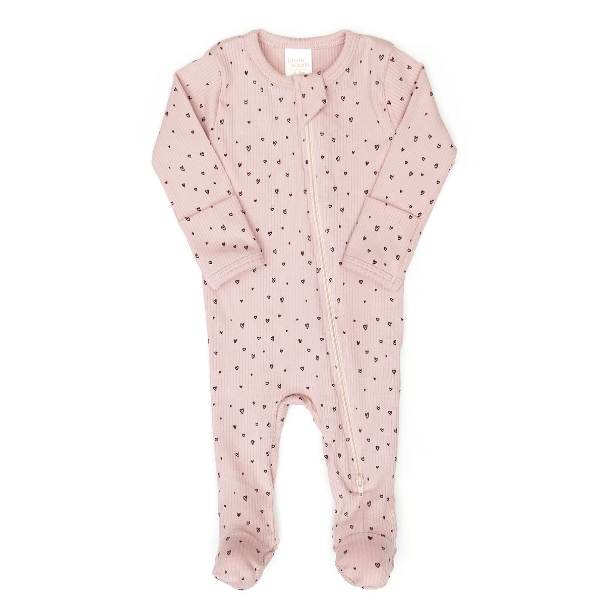 Little Noah | Doble way zip footie- Pale mauve little hearts
