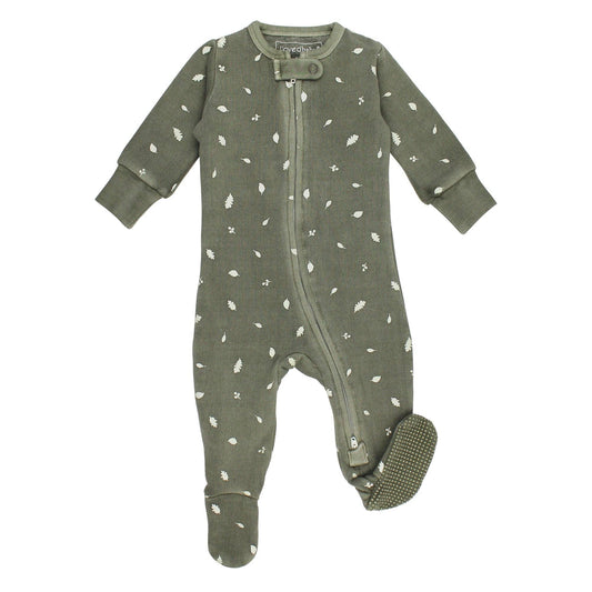 Organic Cozy 2-Way Zipper Footie in Hunter Leaves