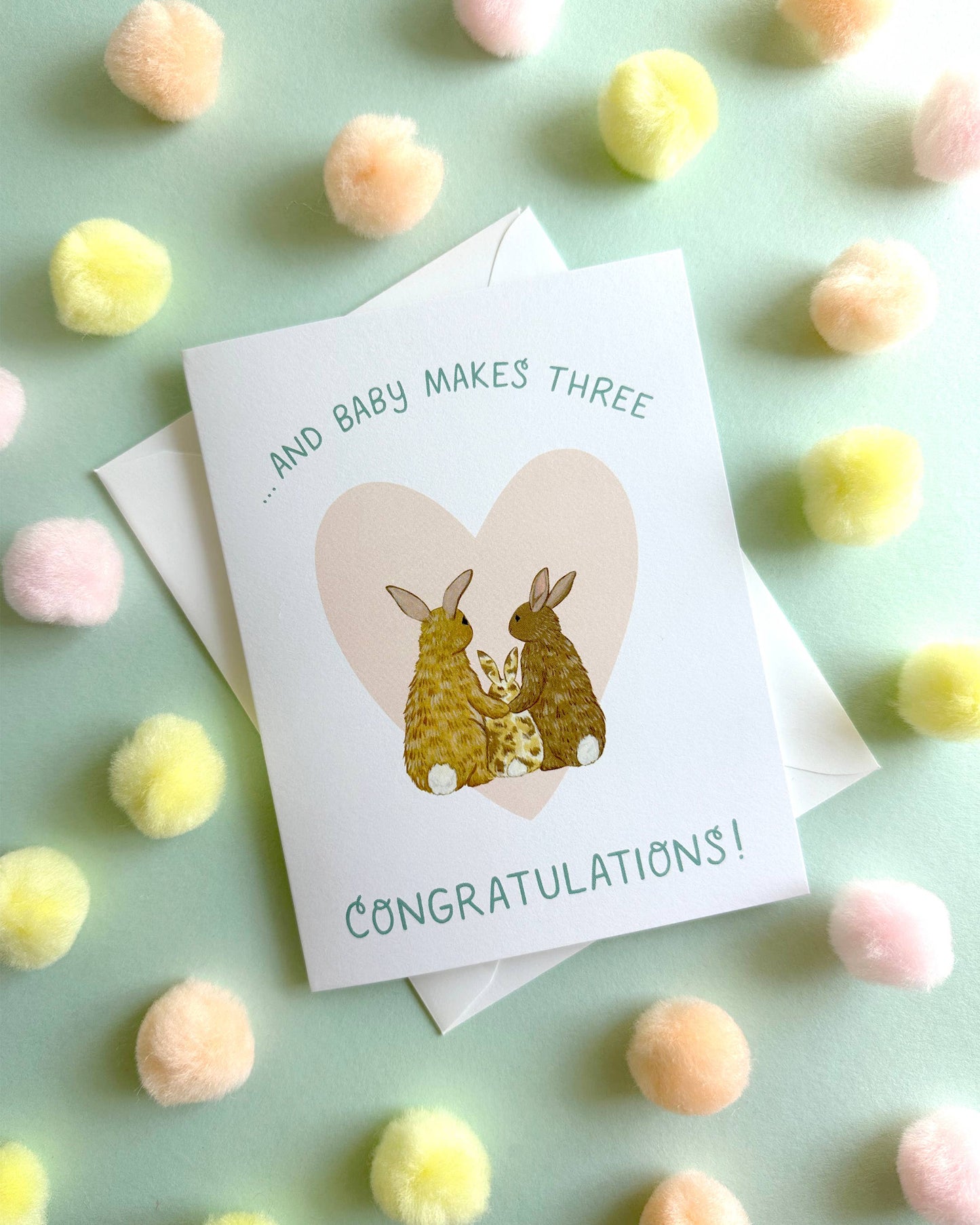 Bunny Makes Three, Pink Heart Baby Card
