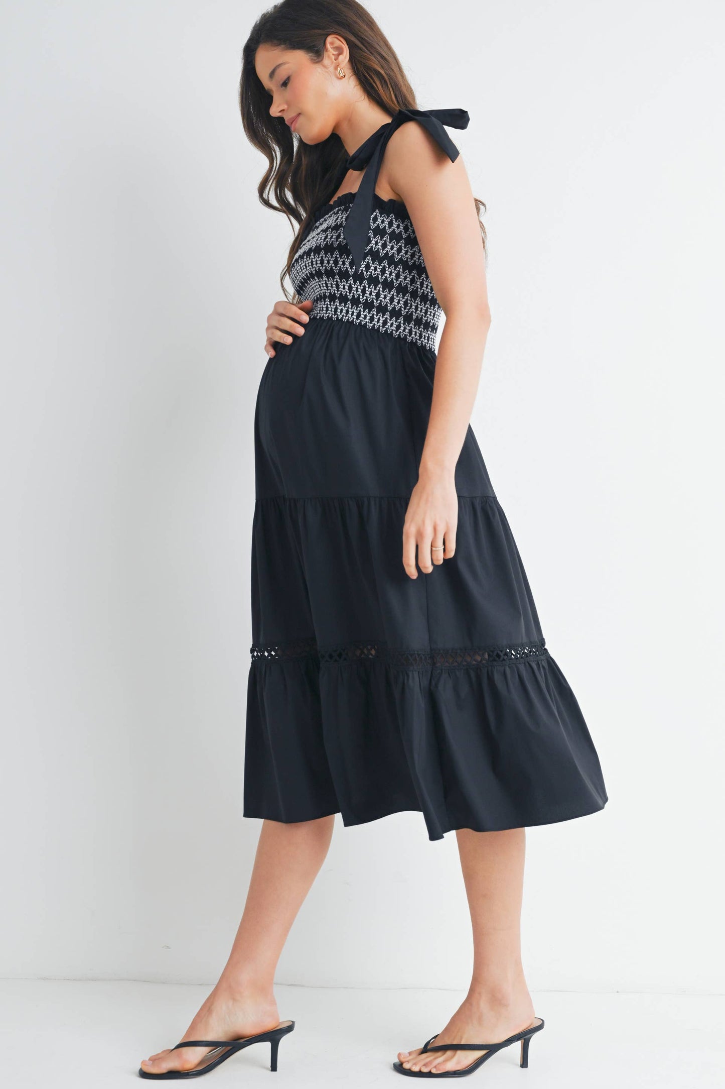 Smocked Tie-Strap Maternity Ruffle Midi Dress
