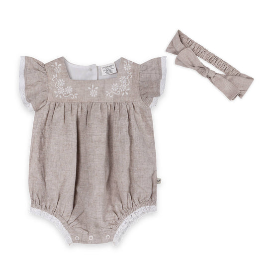 Lena Floral Embroidered Baby Romper + Headband (Linen Blend)