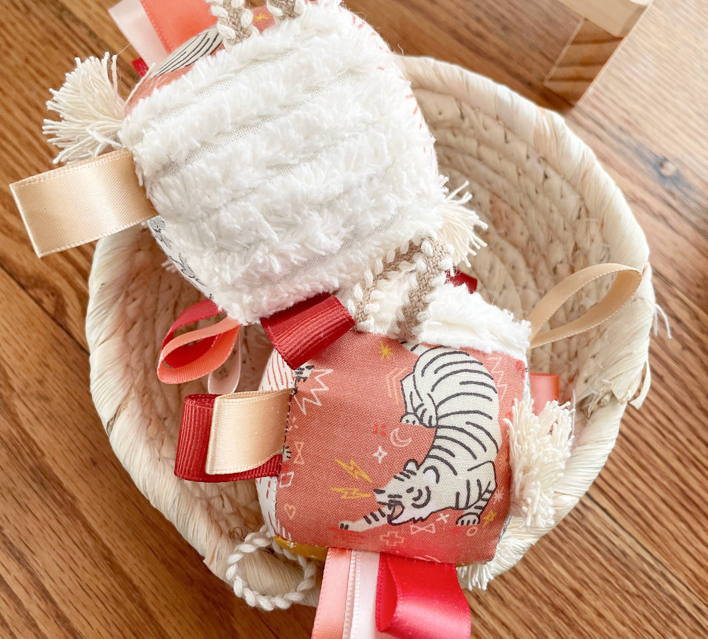 Boho BabyTag Block Tiger Sun Grey Floral Fringe and Ribbons