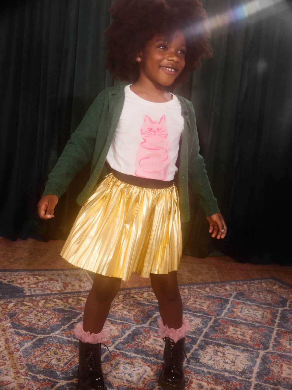 Pleated Metallic Twirl Skirt / Metallic Gold