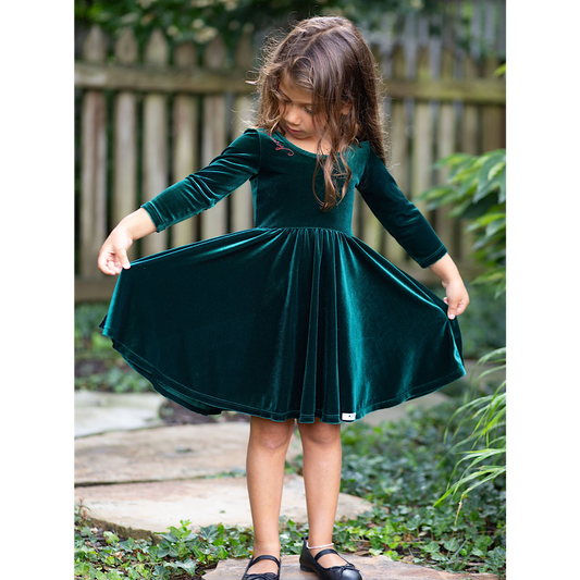 Christmas 2025 Holiday Twirly Dress in Green Velvet