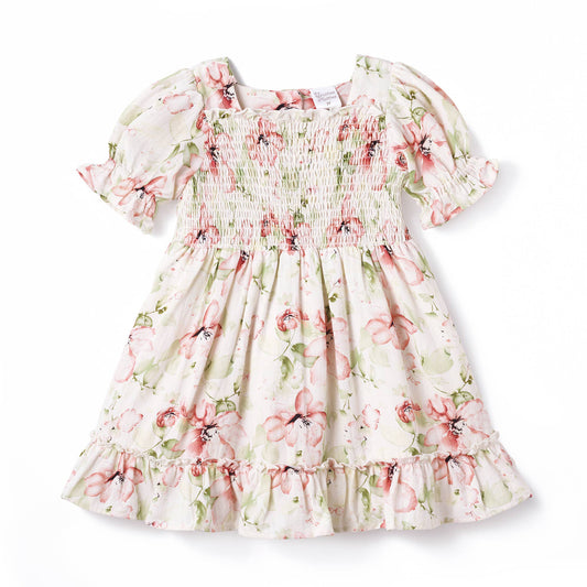 Blush Bouquet Smocked Bodice Puff Sleeve Dress