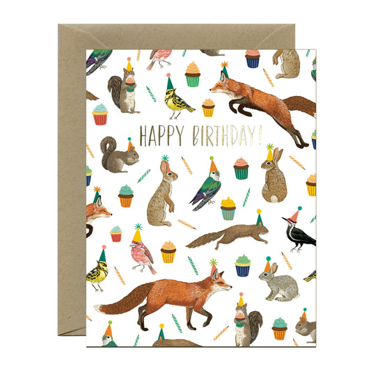 Forest Animals Galore Fox Bunny Bird Squirrel Birthday Card *Foil Stamped*