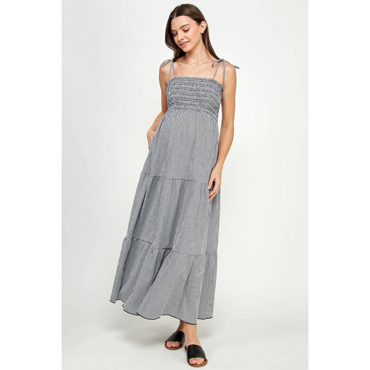 Gingham Tie-Strap Maternity Tiered Maxi Dress