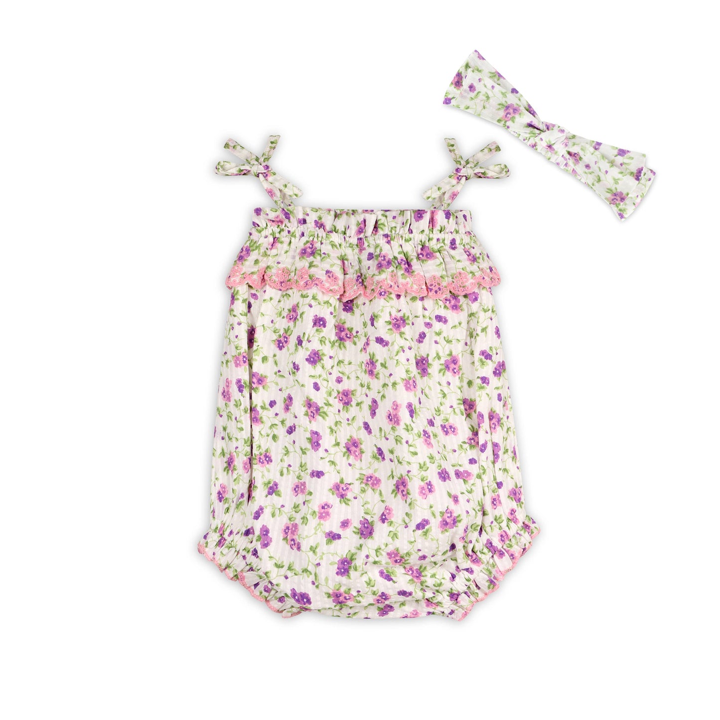 Camila Embroidered Seersucker Romper + Headband (Organic)