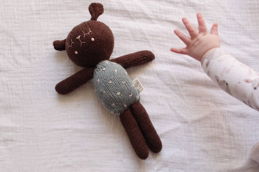 Handmade lamb toy in brown and blue