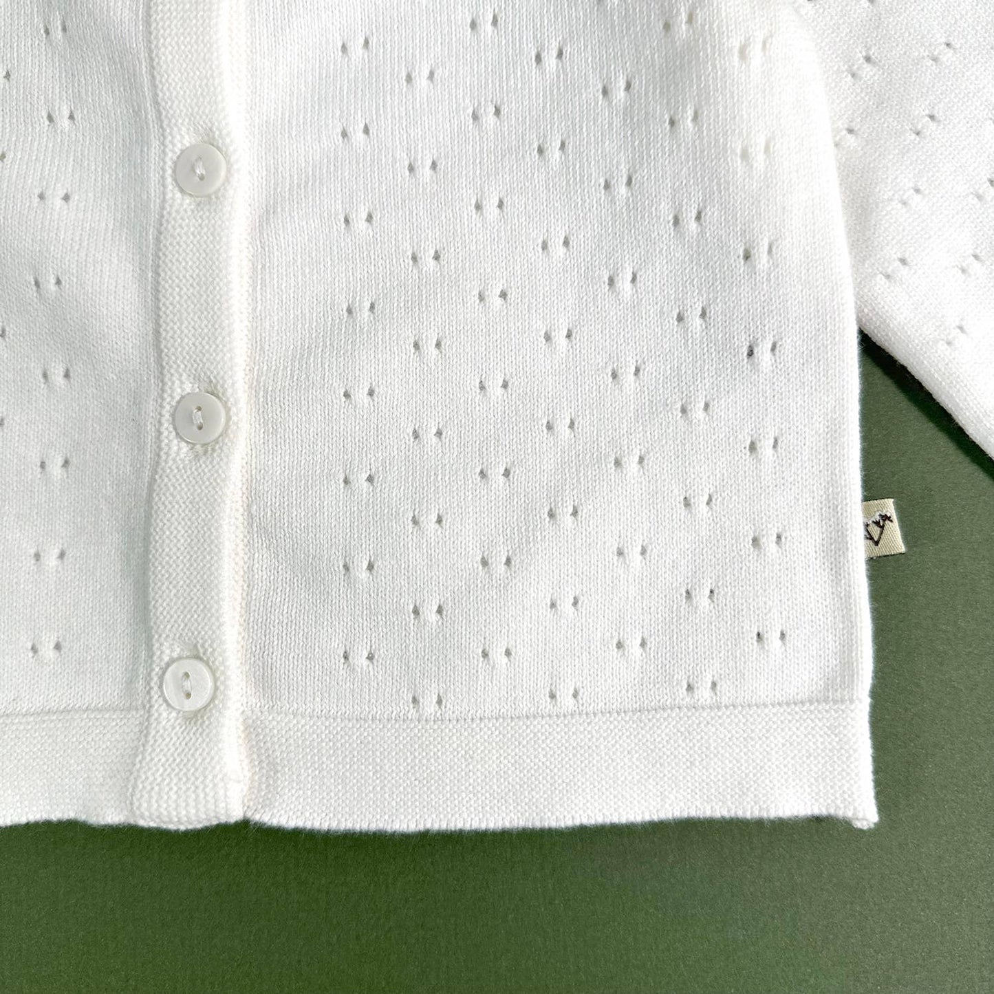 Dove White Pointelle Knit Baby Cardigan (Organic)