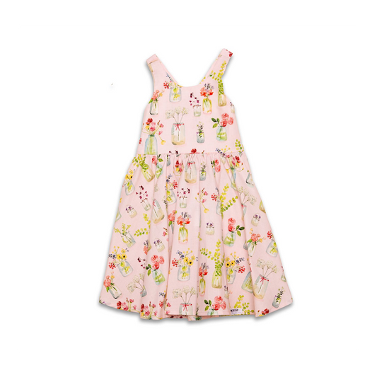 Cross Back Twirly Dress in Pink Plants