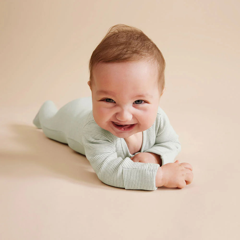 Organic Stripe Rib Zipsuit with Feet- Fern