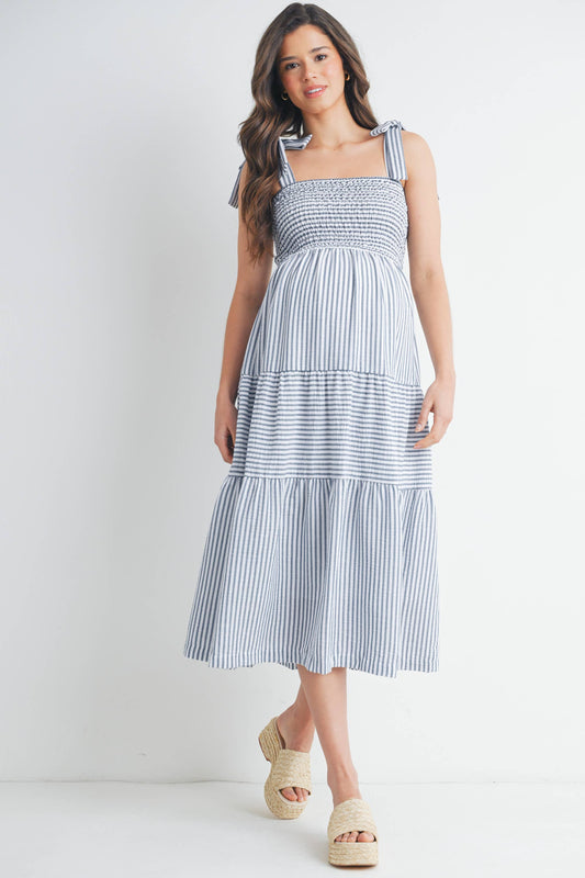 Striped Ruffle Tiered Maternity Midi Dress