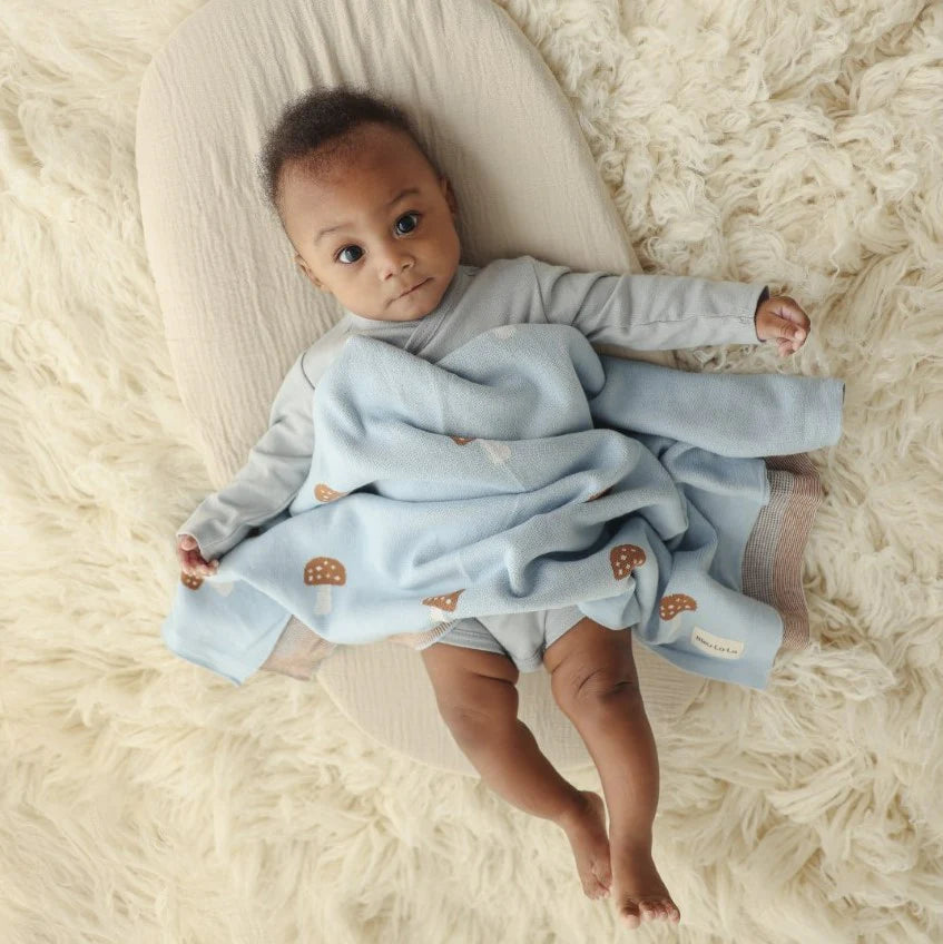 100% Luxury Cotton Swaddle Receiving Baby Blanket | Mushroom Blue