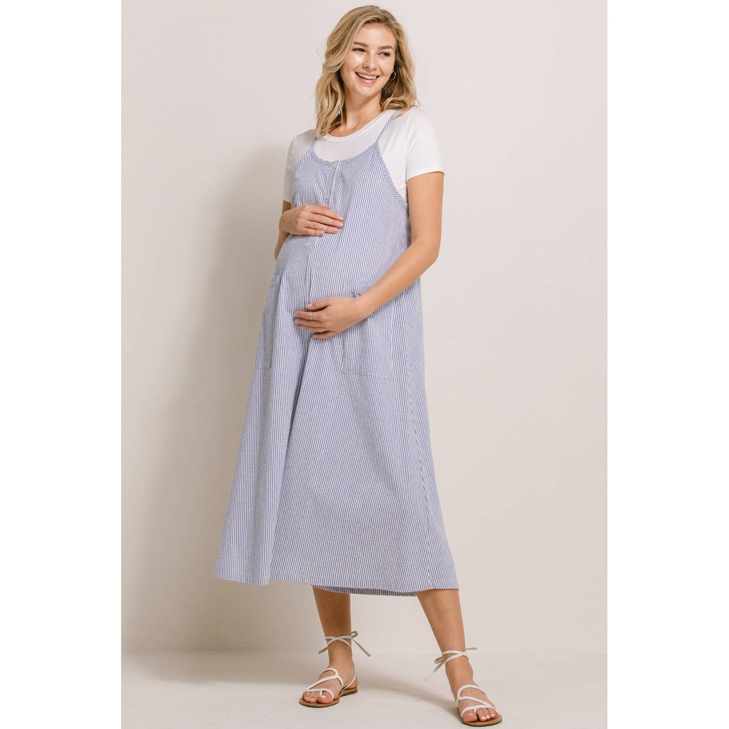 Striped Button Down Maternity Cropped Jumpsuit