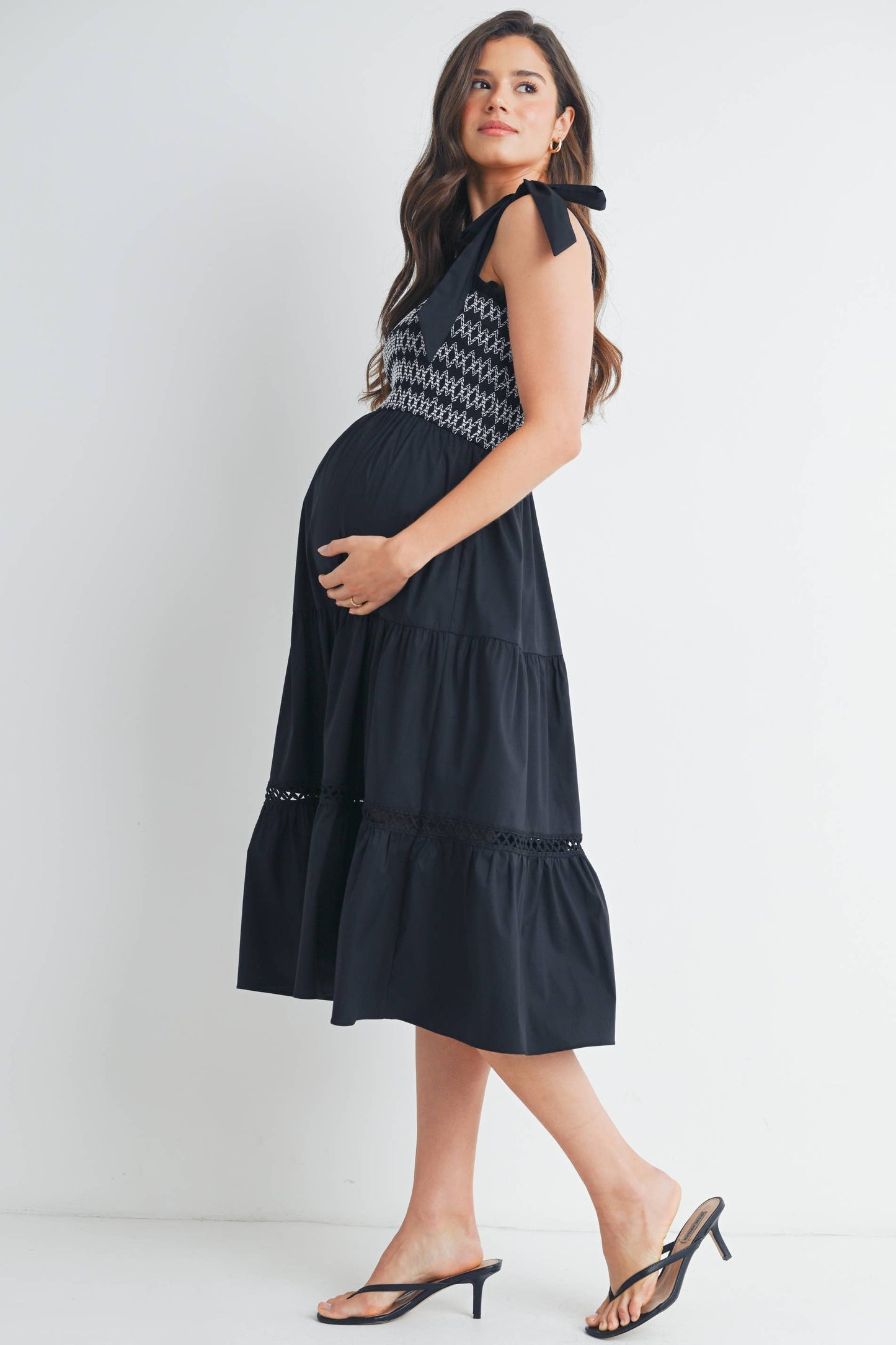 Smocked Tie-Strap Maternity Ruffle Midi Dress