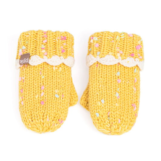 Girls Speckled Knit Mittens with Lace - Yellow 1-3y, 3-6y