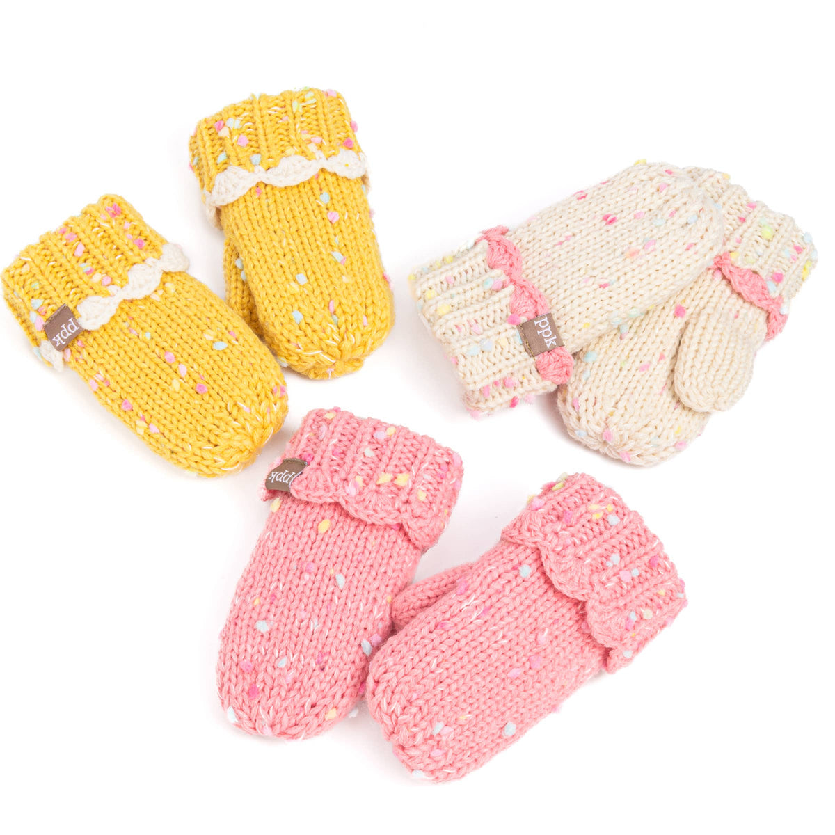 Little Girls Knit Mittens with Lace - Off-White 1-3y, 3-6y