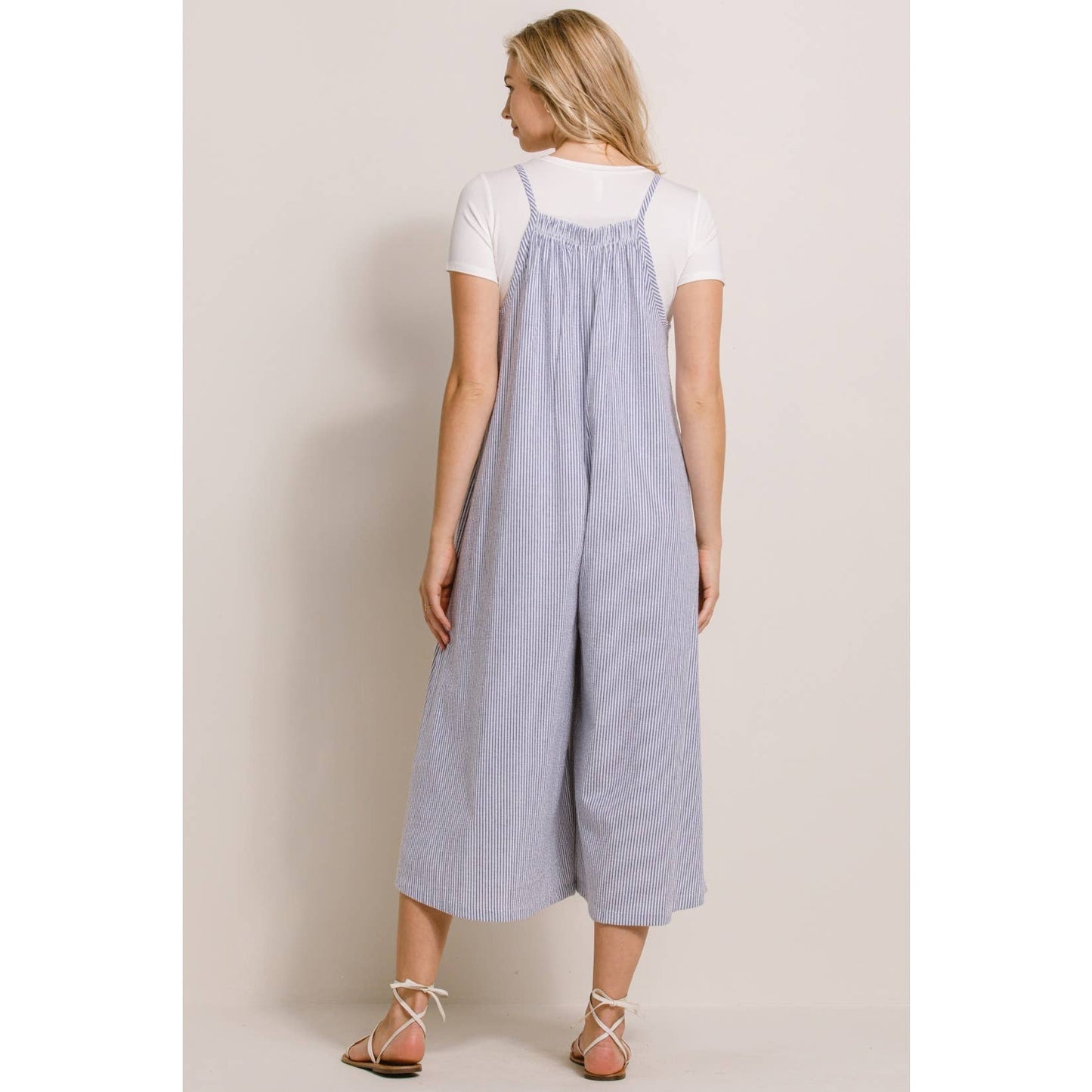 Striped Button Down Maternity Cropped Jumpsuit
