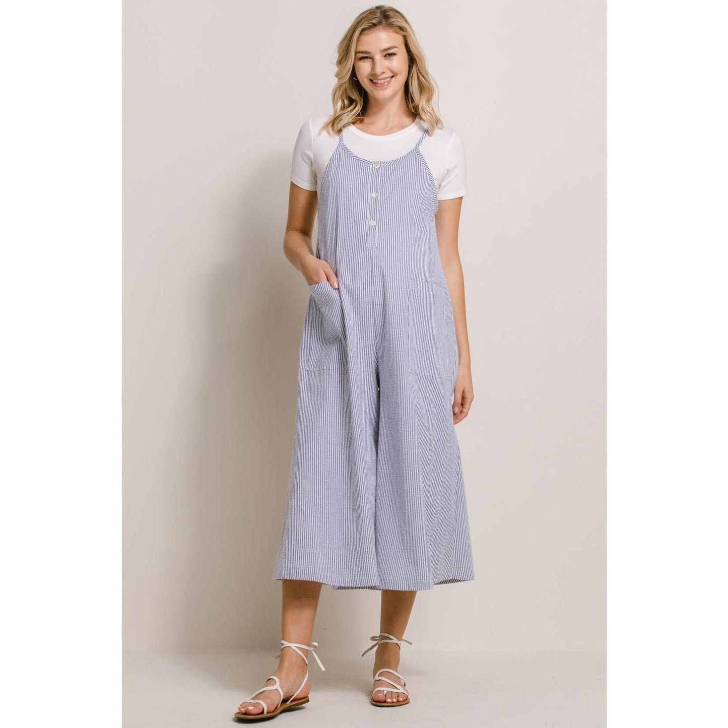 Striped Button Down Maternity Cropped Jumpsuit