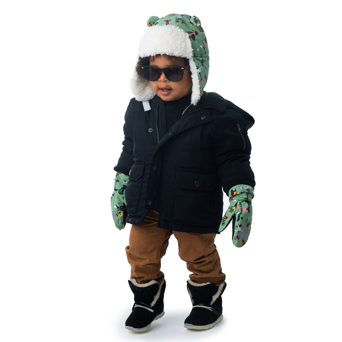 Water Repellent Ski Mittens - Black Bear Green