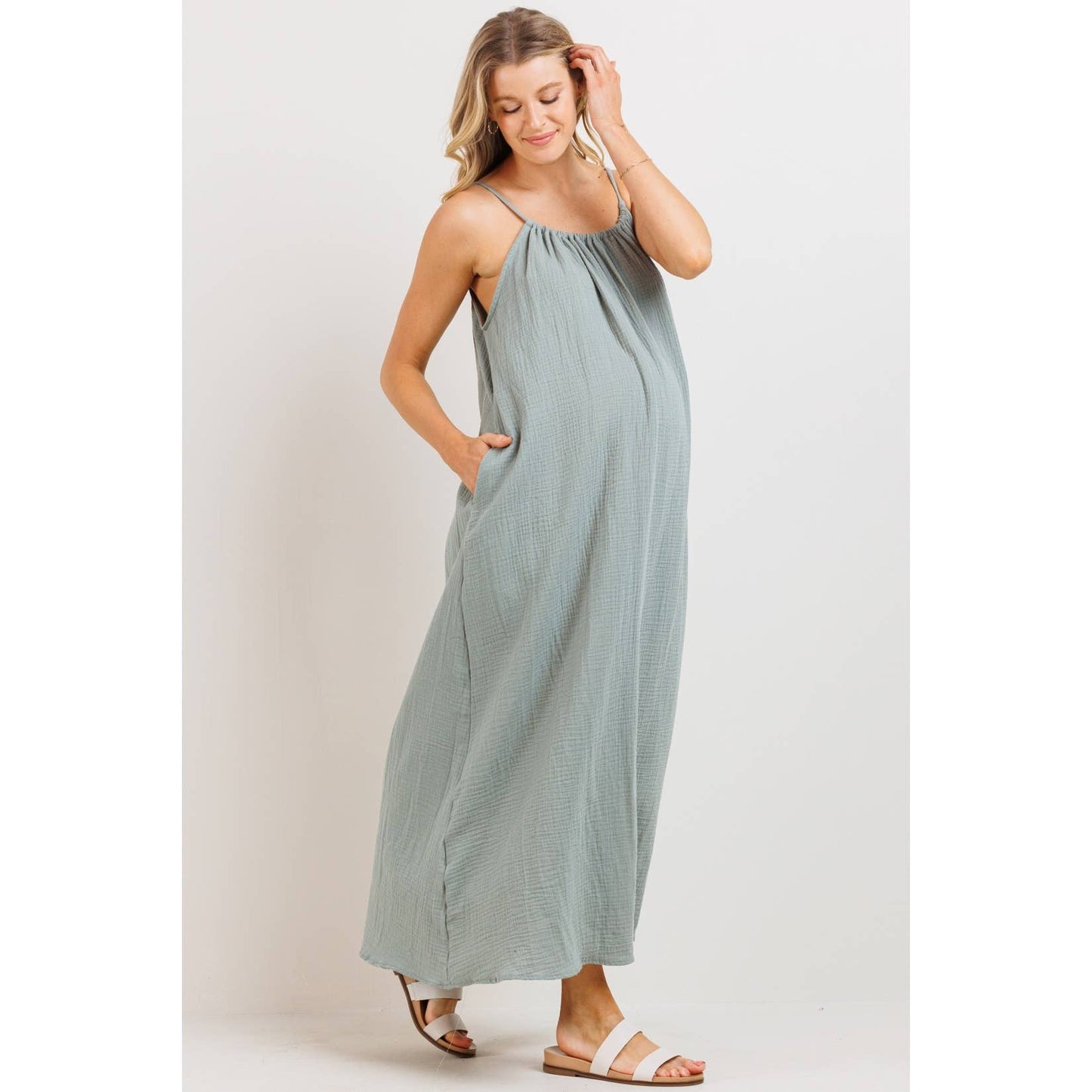 Cotton Halter Maternity Column Maxi Dress