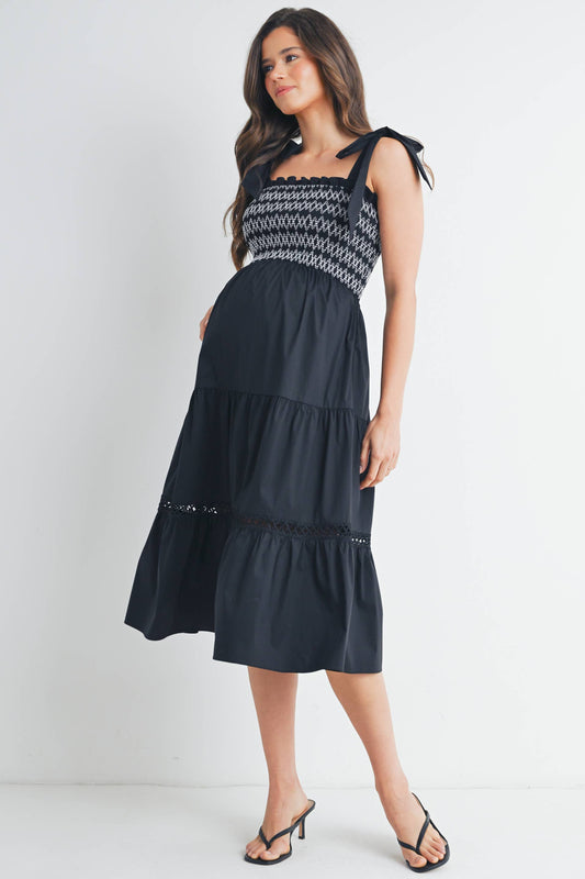 Smocked Tie-Strap Maternity Ruffle Midi Dress