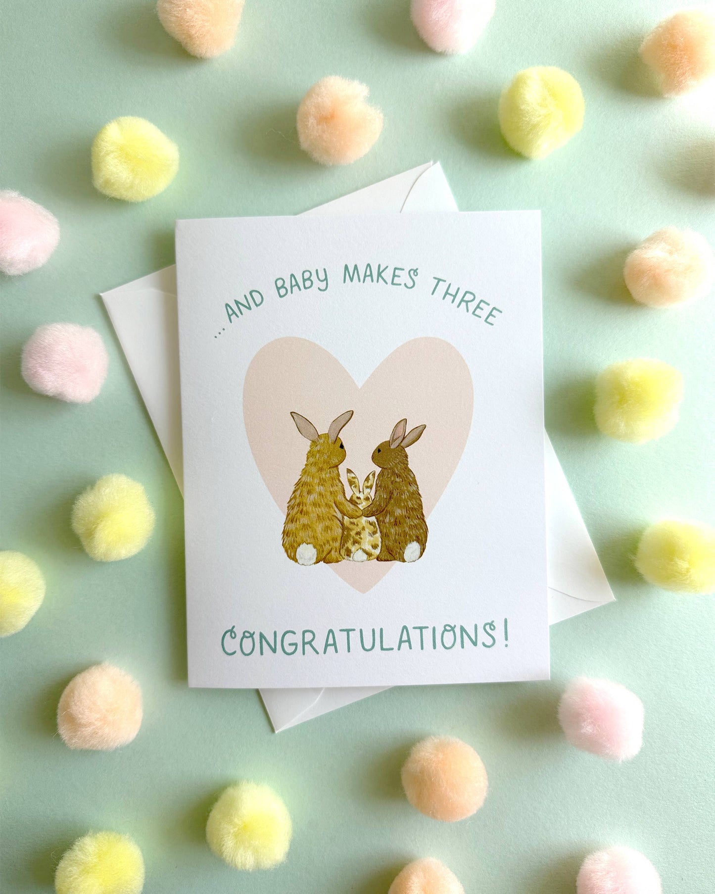 Bunny Makes Three, Pink Heart Baby Card