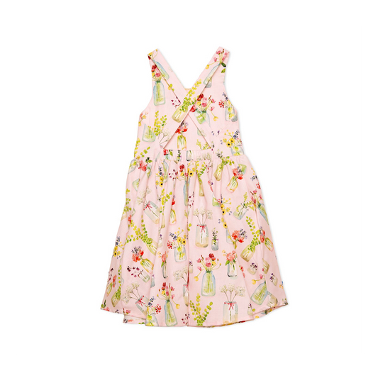 Cross Back Twirly Dress in Pink Plants