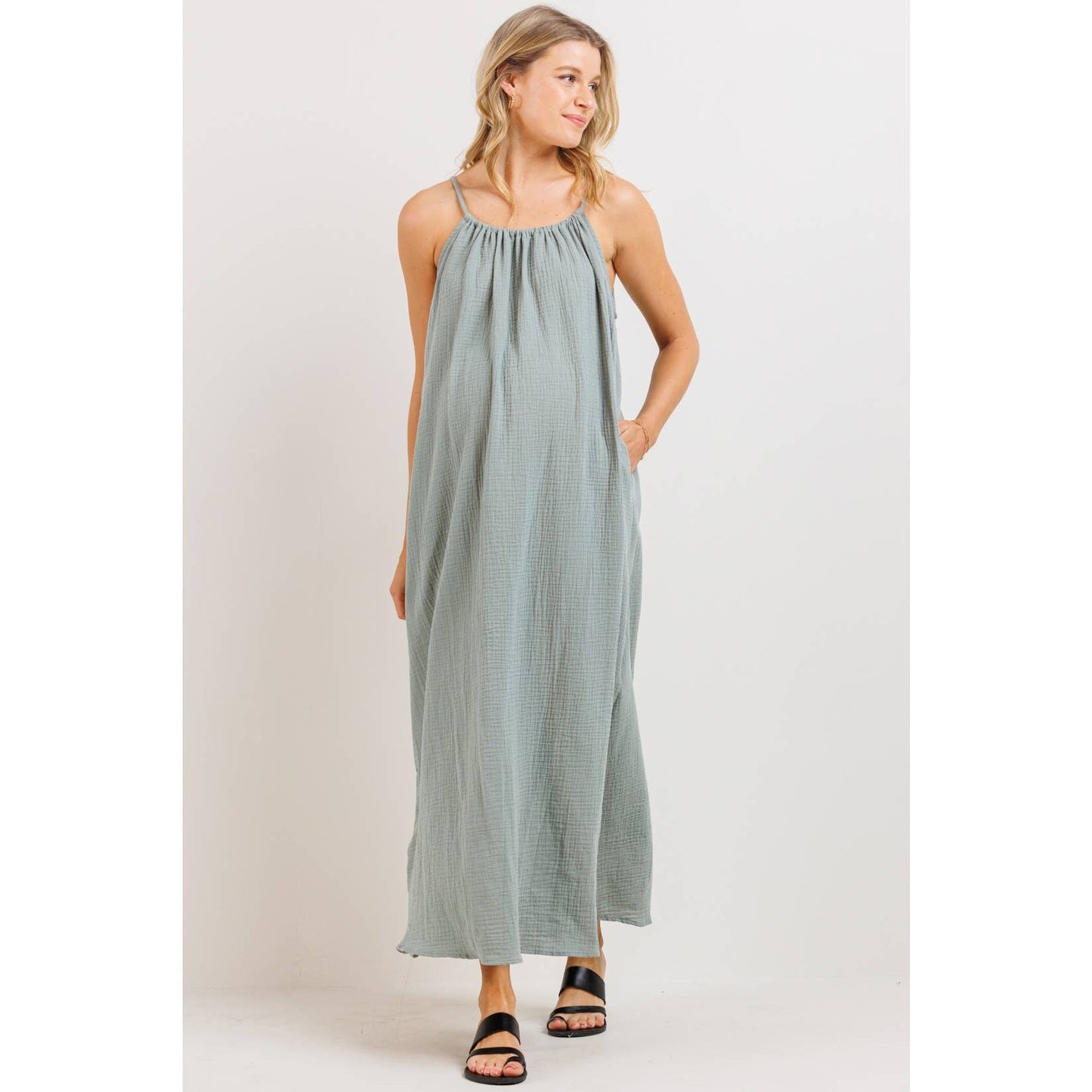 Cotton Halter Maternity Column Maxi Dress