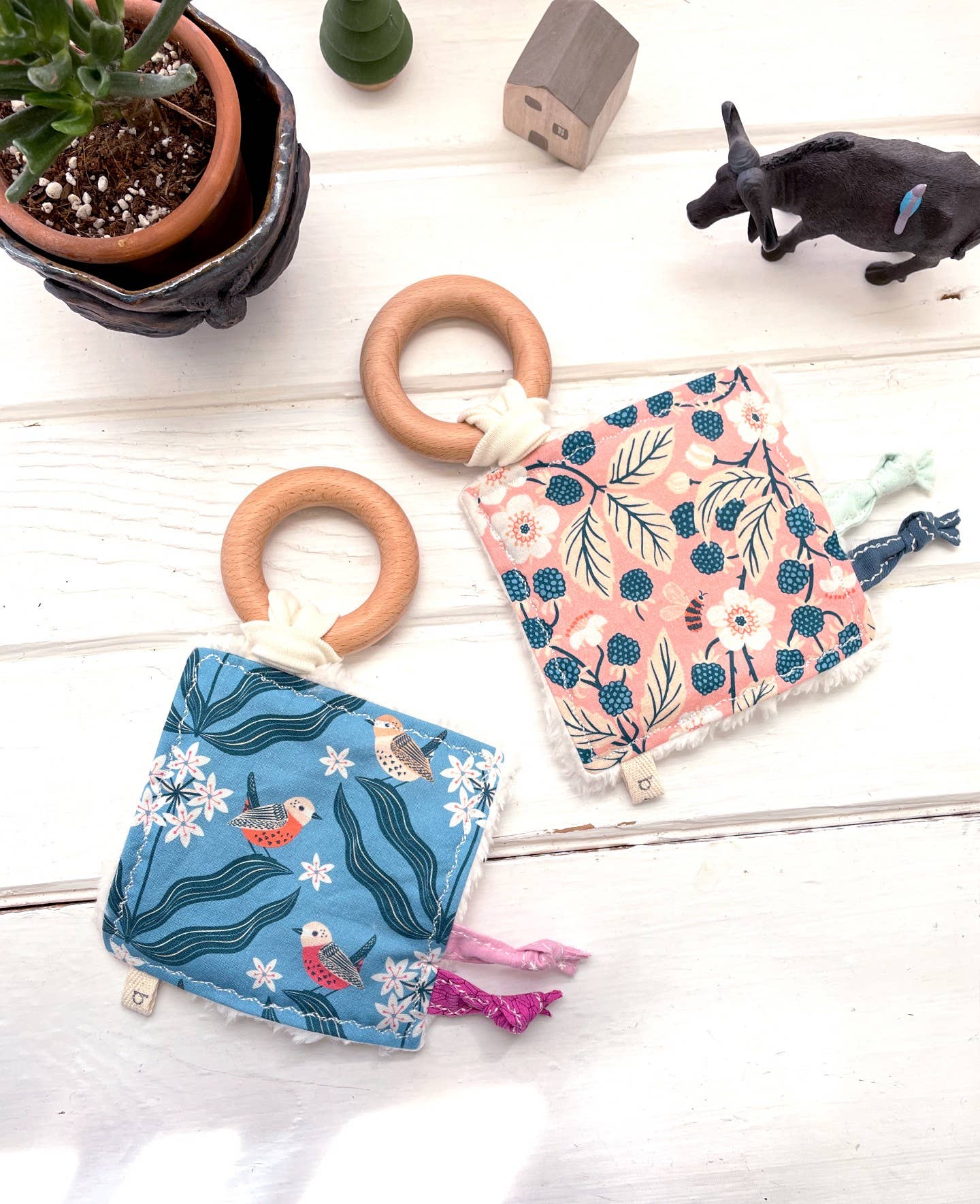 Organic Crinkle Sensory Toys with Blue Birds and Pink Berry