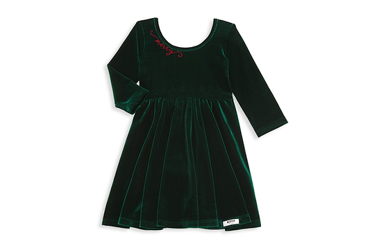 Christmas 2025 Holiday Twirly Dress in Green Velvet