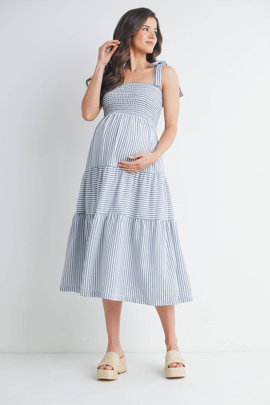 Striped Ruffle Tiered Maternity Midi Dress