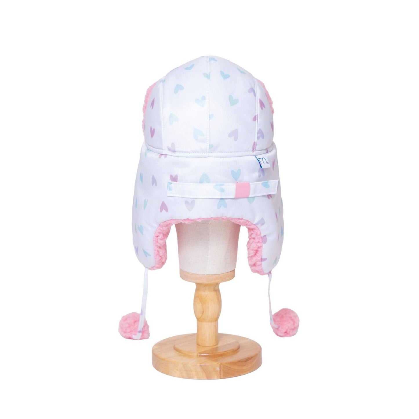 The Cozy Trapper Hat – Hearts Print with Cosmos Pink Sherpa Liner & Pompoms