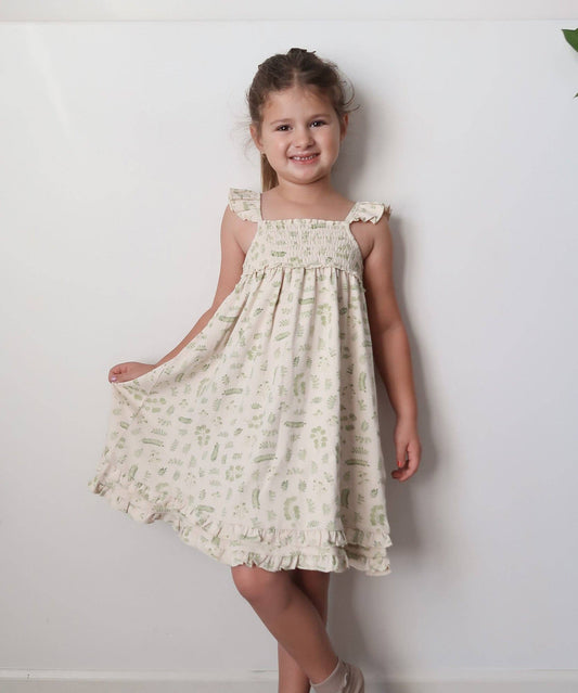 Kids' Organic Smocked Summer Dress in Stone Botanica