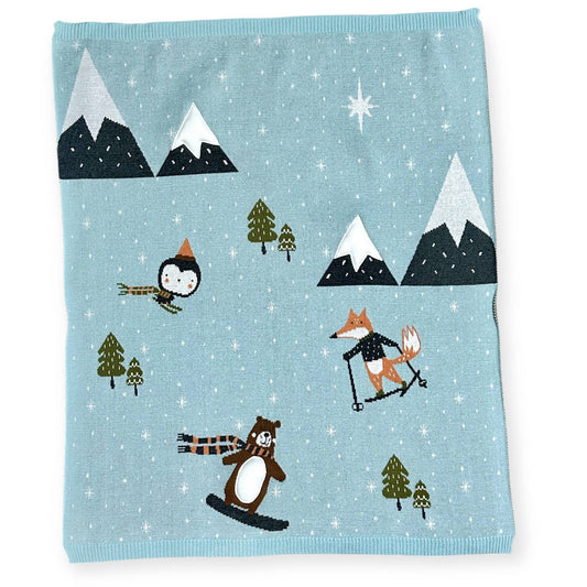 Fox & Bear Ski 3D - Organic Jacquard Knit Baby Blanket