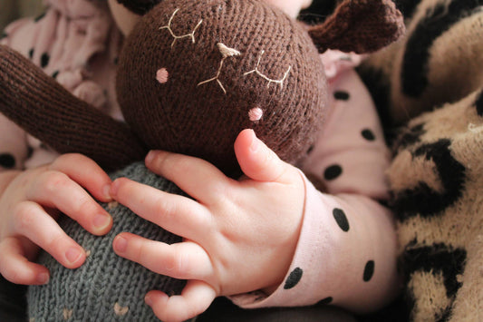 Handmade lamb toy in brown and blue