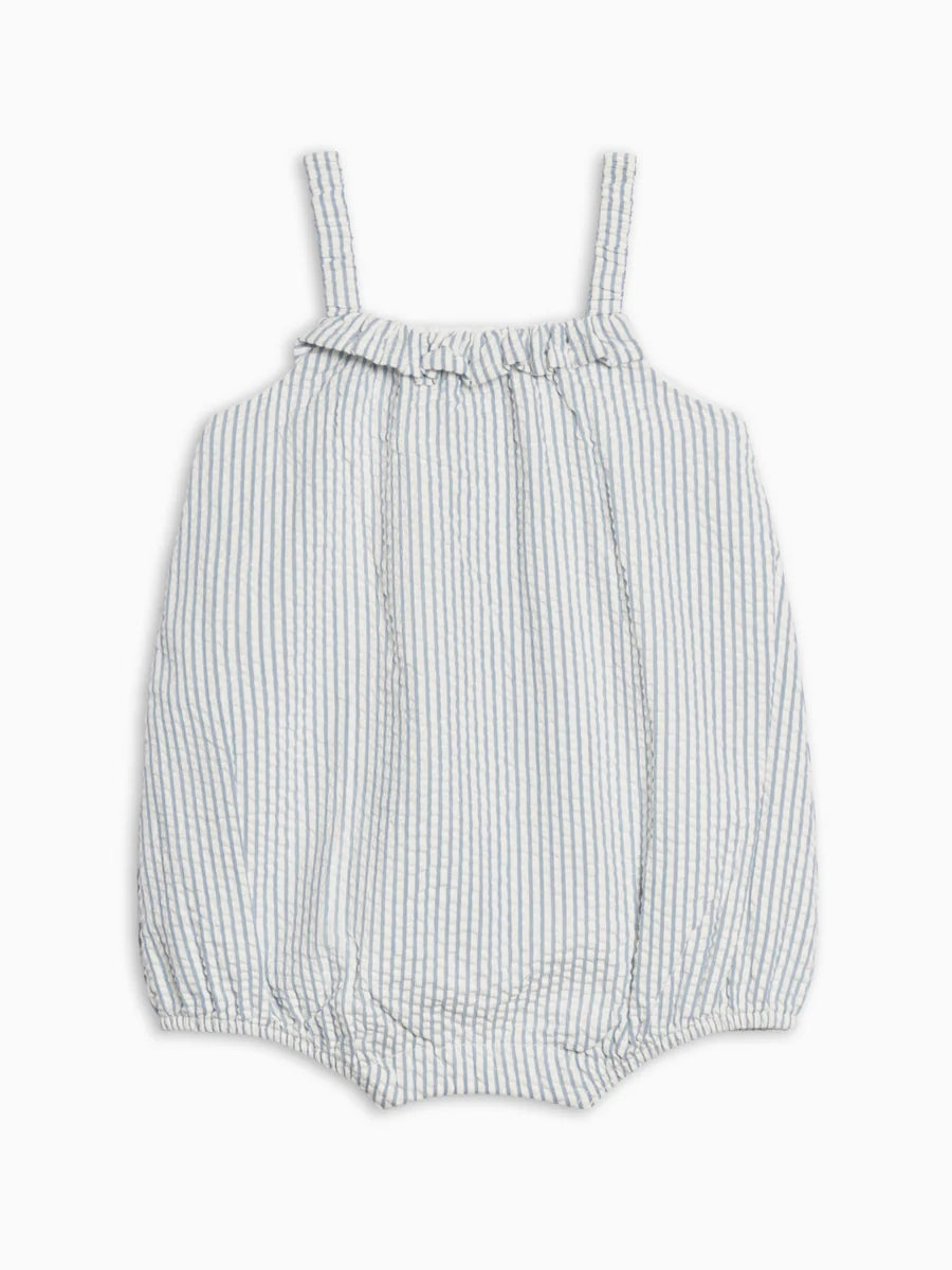 Rosalie Seersucker Ruffle Bubble Romper - Shore Stripe / Sea