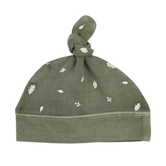 Organic Cozy Top-Knot Hat in Hunter Leaves