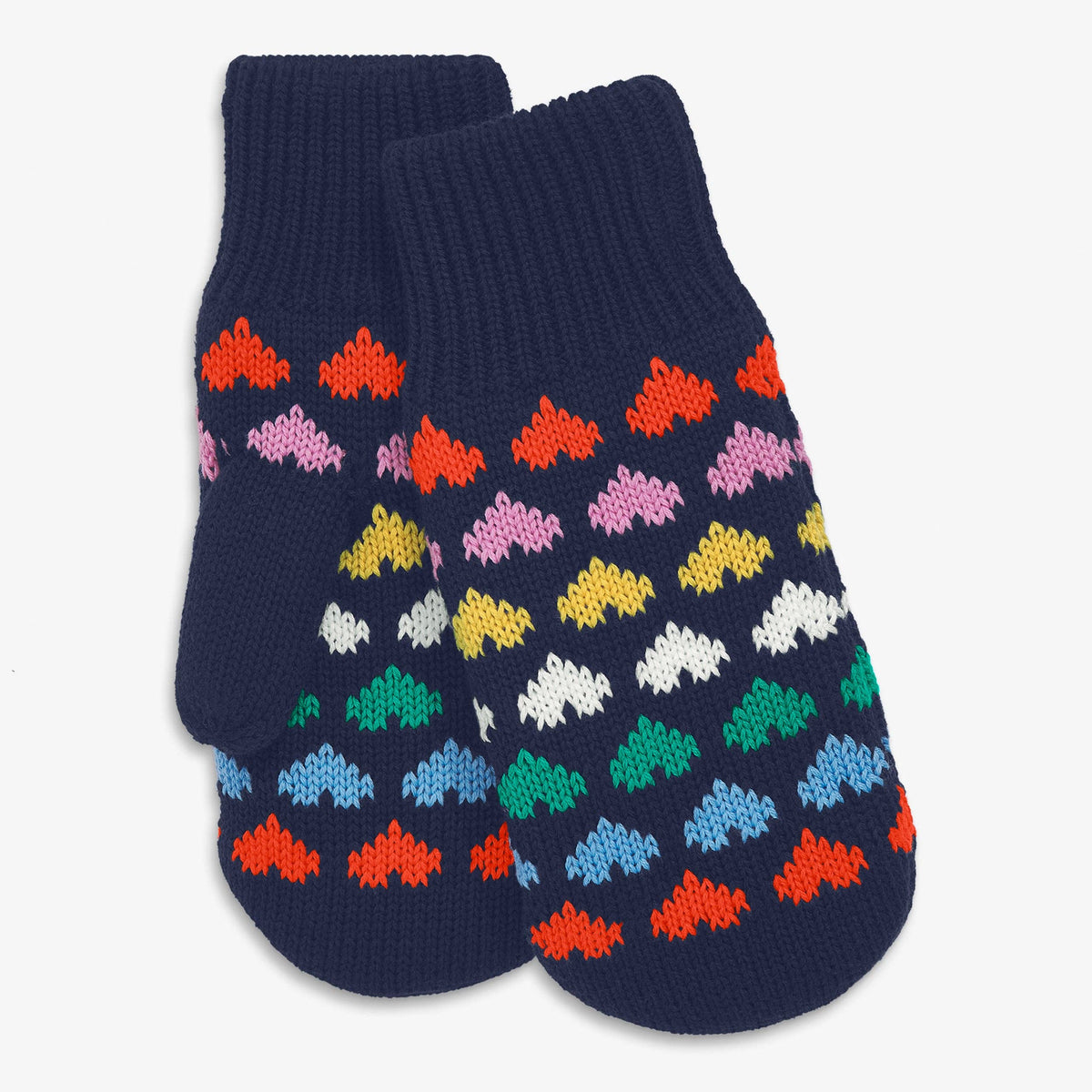 Kids knit mittens in rainbow hearts