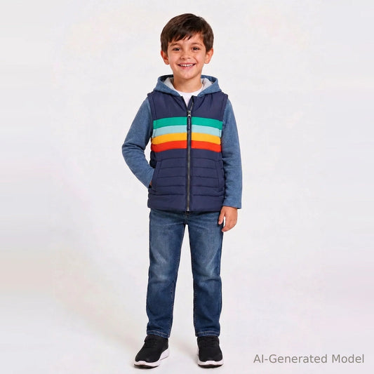 Hooded Puffer Vest Jacket | Multicolor Stripe