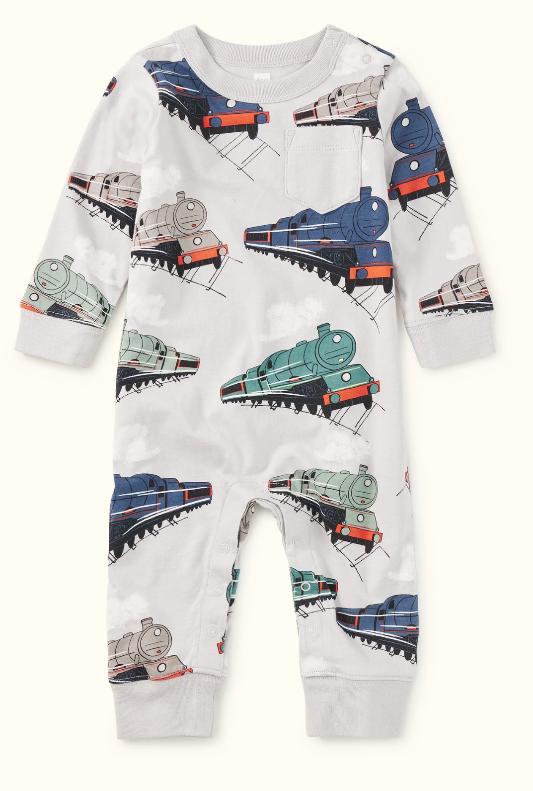 Tea - Long Sleeve Pocket Baby Romper - GREAT RAILWAY JOURNEY