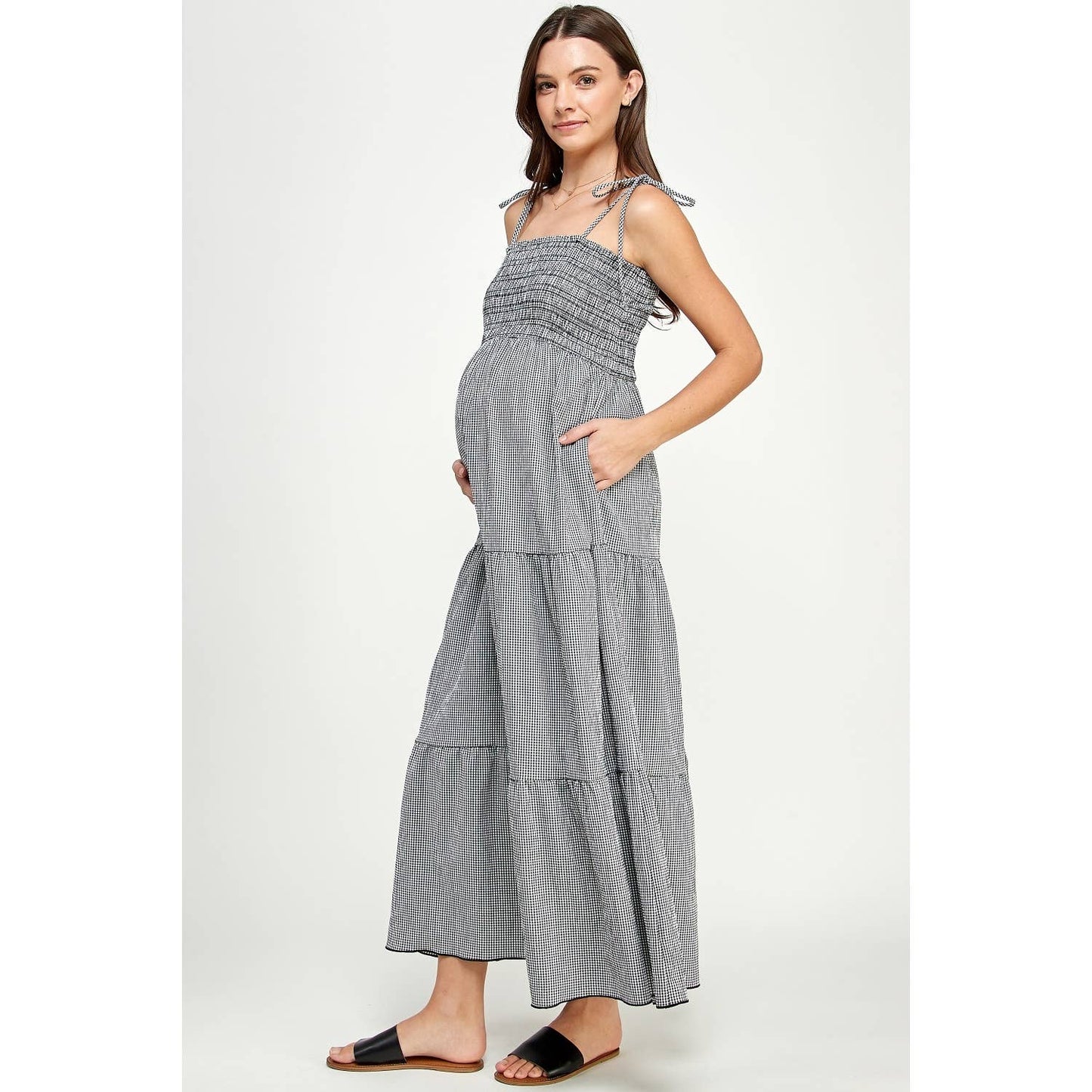 Gingham Tie-Strap Maternity Tiered Maxi Dress