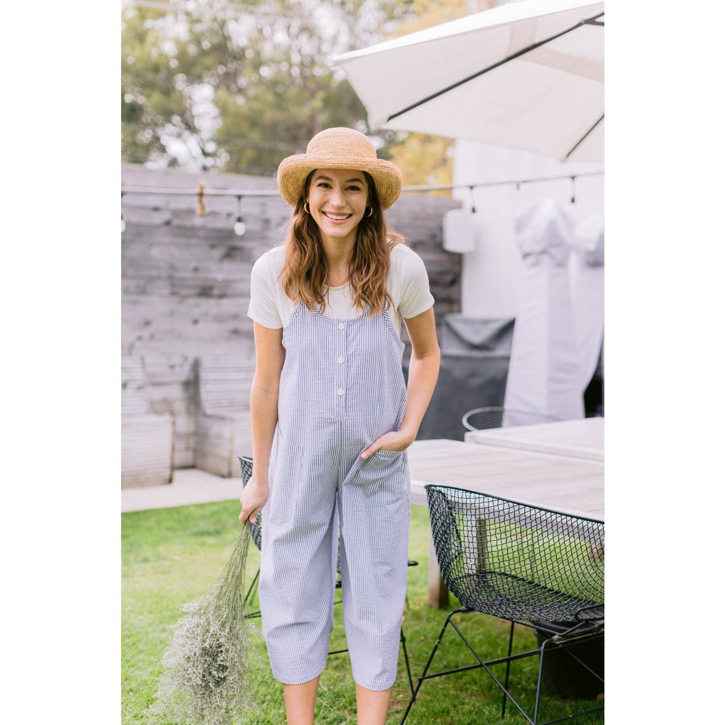 Striped Button Down Maternity Cropped Jumpsuit