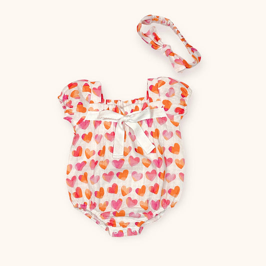 Hearts Baby Bubble Romper + Headband (Organic)