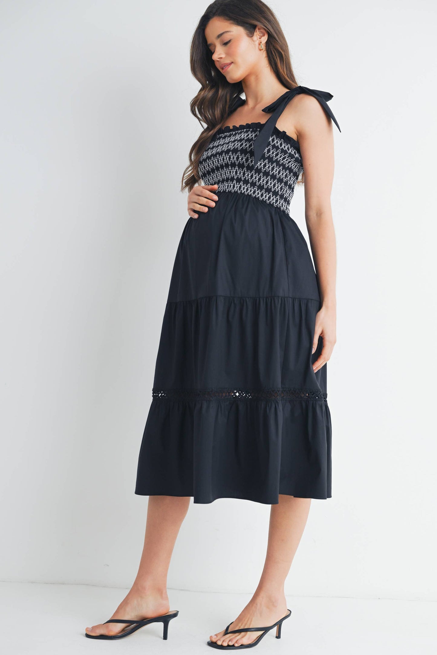 Smocked Tie-Strap Maternity Ruffle Midi Dress