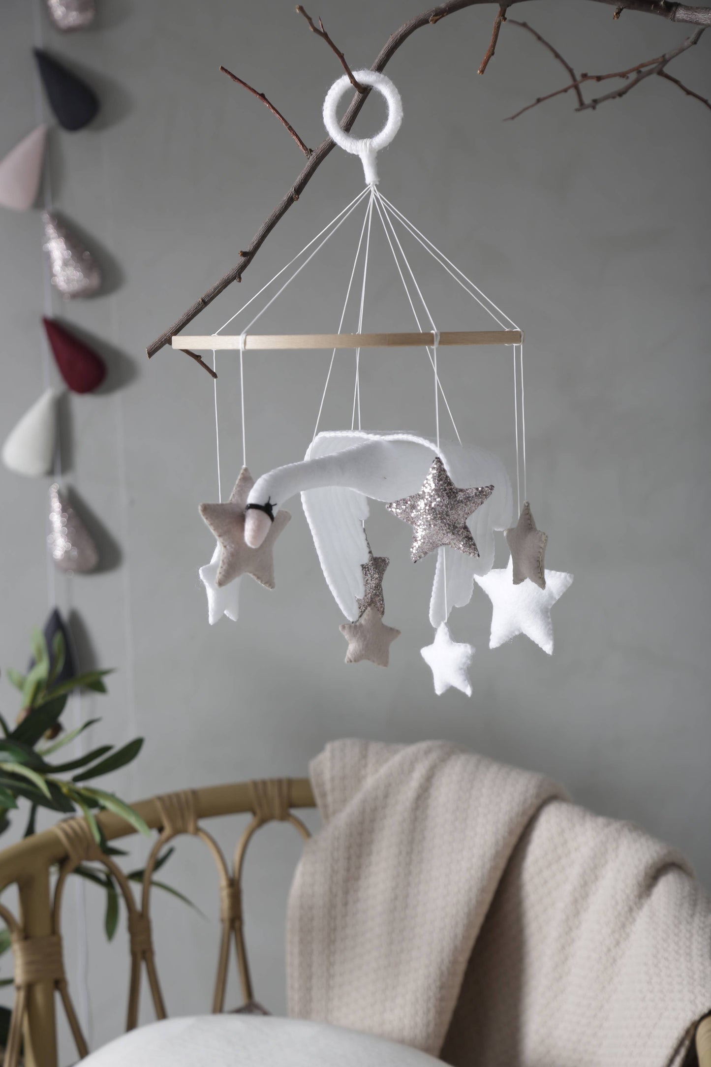 SWAN baby mobile, bird, gift, girl, hanging, neutral