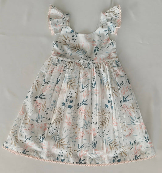 Charming Kids' White Dress with Light Pink Leaf Print and Lace Detailing
