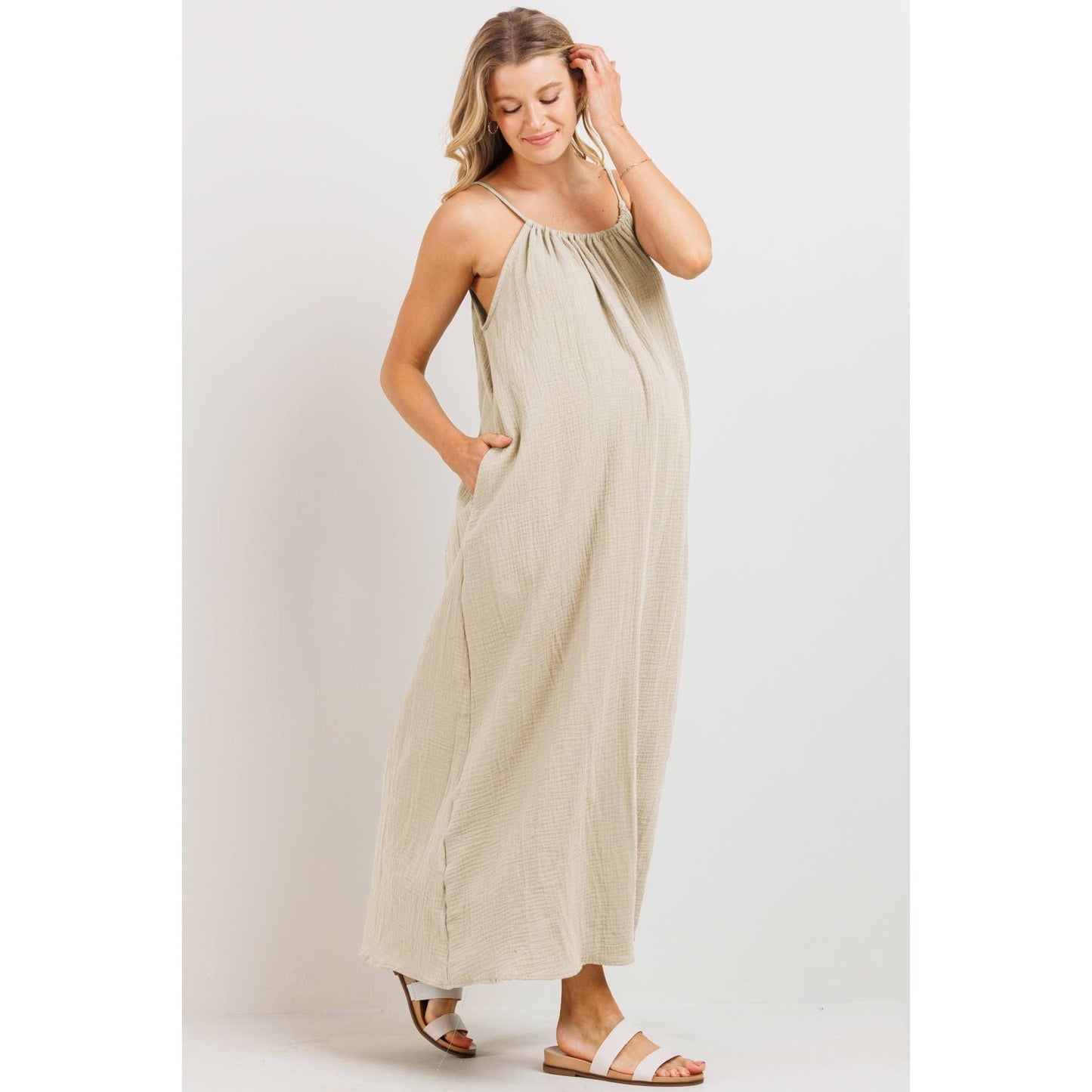 Cotton Halter Maternity Column Maxi Dress