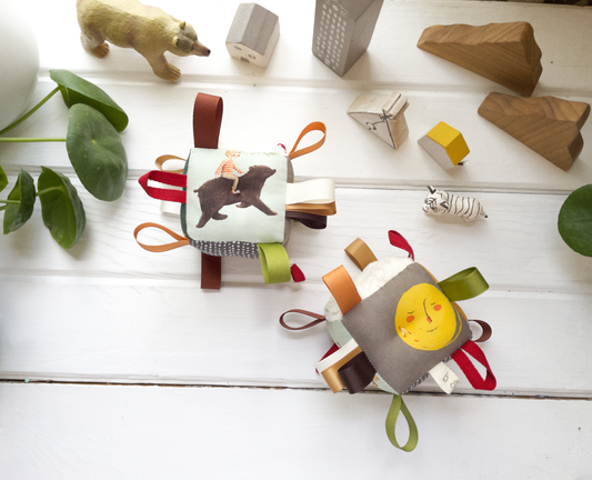 Baby Boy Tag Block Fox Llama Tiger Bear, Green Gold Red Gray